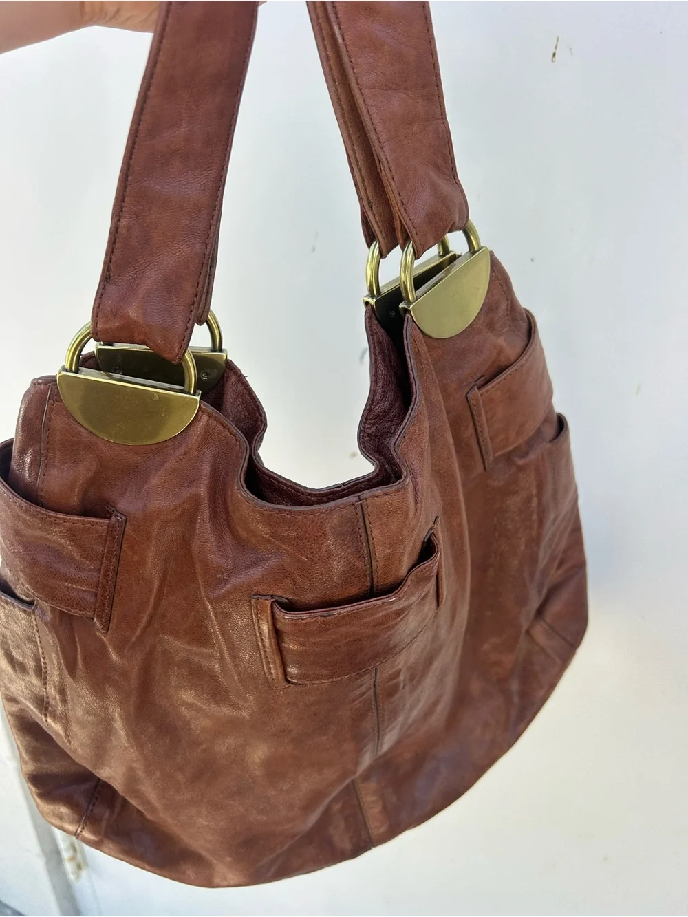 Koba Brown Leather Hobo Shoulder Bag Large Slouchy Tote Purse with Gold Hardware